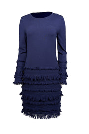 Current Boutique-Trina Turk - Navy Blue Fringe Trimmed Long Sleeve Dress Sz M