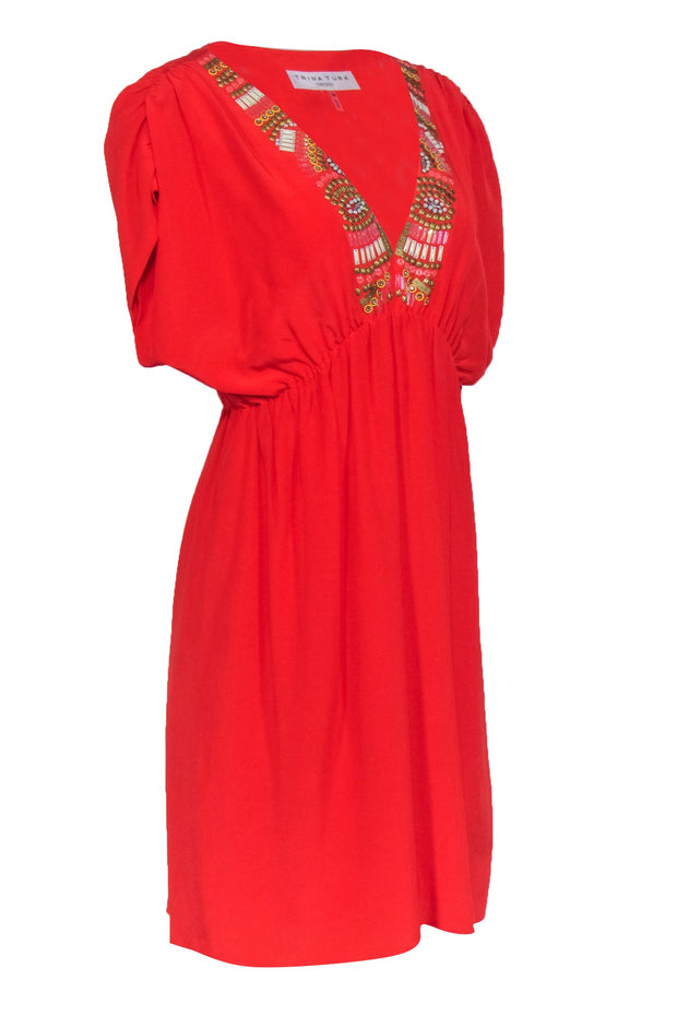 Current Boutique-Trina Turk - Orange Silk Dress w/ Beaded V-Neckline Sz 10