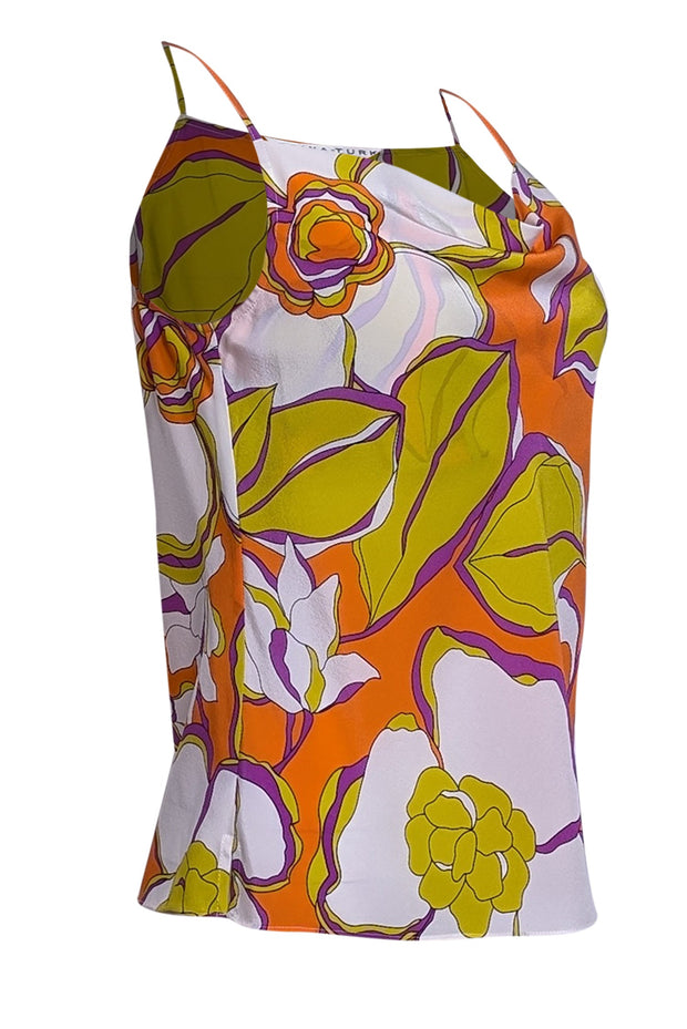 Current Boutique-Trina Turk - Orange & Yellow Floral Print Silk Cowl Neck Cami Top Sz XS