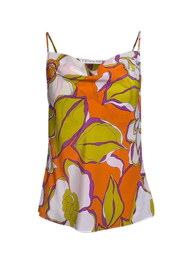 Current Boutique-Trina Turk - Orange & Yellow Floral Print Silk Cowl Neck Cami Top Sz XS