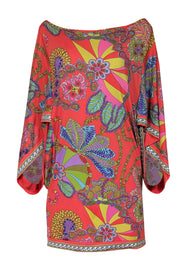 Current Boutique-Trina Turk - Pink Multicolor Abstract Floral Print Long Handkerchief Sleeve Mini Dress Sz M