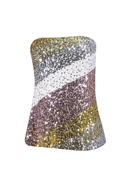 Current Boutique-Trina Turk - Pink, White, Silver, & Gold Sequin Strapless Top Sz L