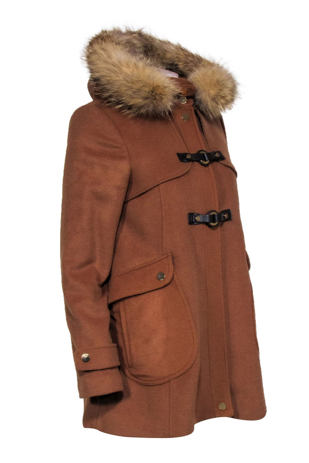 Current Boutique-Trina Turk - Tan Wool Blend Coat w/ Fur Lined Hoodie Sz 6