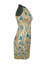 Current Boutique-Trina Turk - Teal Green & Gold Large Brocade Print Sleeveless Open Back Dress Sz 4