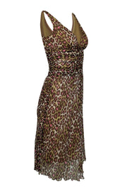 Current Boutique-Trina Turk - White w/ Green, Pink, & Brown Leopard Print Ruched Silk Dress Sz 2