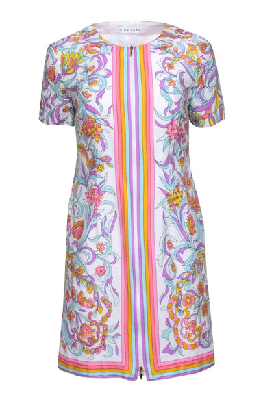 Current Boutique-Trina Turk - White w/ Pastel Rainbow Paisley Print Zip Front Dress Sz M