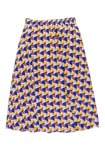 Current Boutique-Tucker - Purple, Navy & Yellow Geometric Print Silk Maxi Skirt Sz L