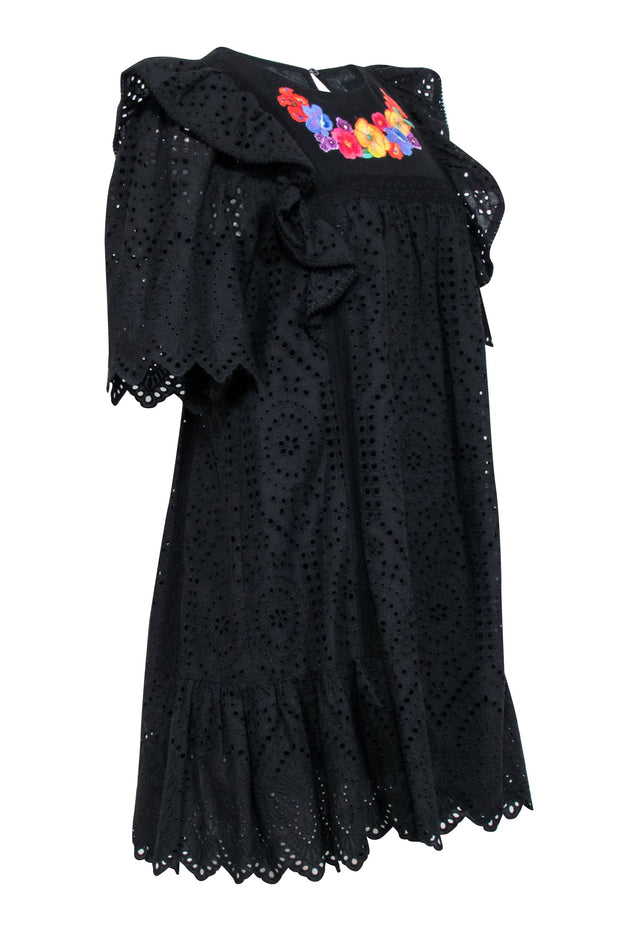 Current Boutique-Twinset - Black Eyelet Mini Dress w/ Multicolored Floral Embroidery Sz 10