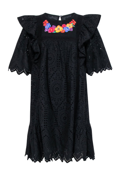 Current Boutique-Twinset - Black Eyelet Mini Dress w/ Multicolored Floral Embroidery Sz 10