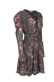 Current Boutique-Ulla Johnson - Black, Cream, Blue, Purple & Terracotta Floral Long Sleeve Mini Dress Sz 8