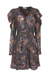 Current Boutique-Ulla Johnson - Black, Cream, Blue, Purple & Terracotta Floral Long Sleeve Mini Dress Sz 8