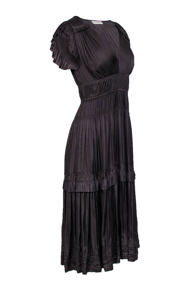 Current Boutique-Ulla Johnson - Dark Brown Satin Gathered Tiered Midi Dress Sz 4