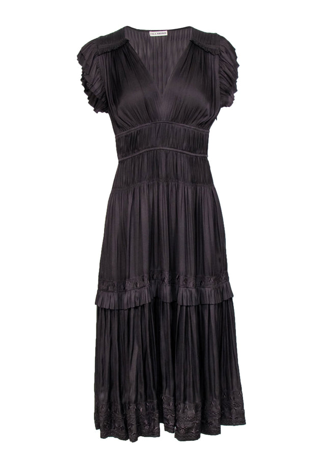 Current Boutique-Ulla Johnson - Dark Brown Satin Gathered Tiered Midi Dress Sz 4
