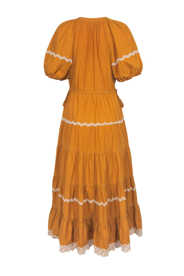 Current Boutique-Ulla Johnson - Mustard Yellow Cotton Tiered Midi Dress w/ Lace Trim Sz 6