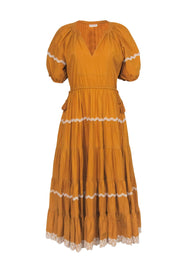 Current Boutique-Ulla Johnson - Mustard Yellow Cotton Tiered Midi Dress w/ Lace Trim Sz 6