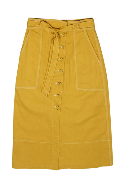 Current Boutique-Ulla Johnson - Mustard Yellow Denim Midi Skirt w/ Front Buttons Sz 2