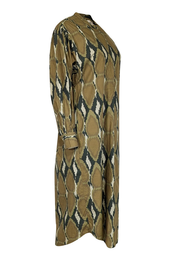 Current Boutique-V de Vinster - Khaki & Olive Ikat Print Poplin Dress Sz M