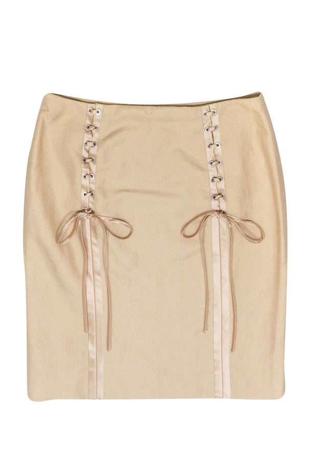 Current Boutique-Valentino - Beige Pencil Skirt w/ Lace-Up Back Detail Sz 14