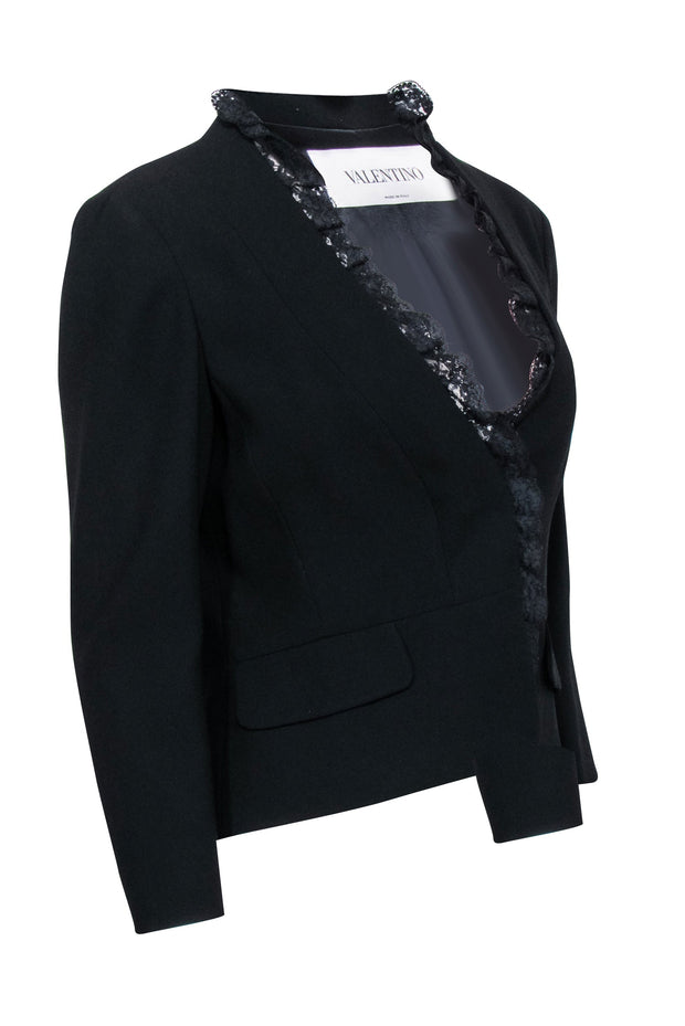 Current Boutique-Valentino - Black Open-Front Blazer w/ Lace Trim Sz 8