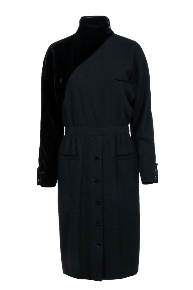 Current Boutique-Valentino - Black Velvet Textured Detail Long Sleeve Dress Sz 10
