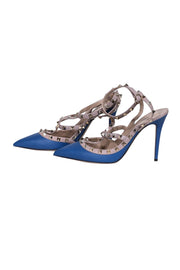 Current Boutique-Valentino - Blue & Beige Studded Strappy Heels Sz 10.5