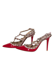Current Boutique-Valentino - Red & Beige Studded Strappy Heels Sz 10.5