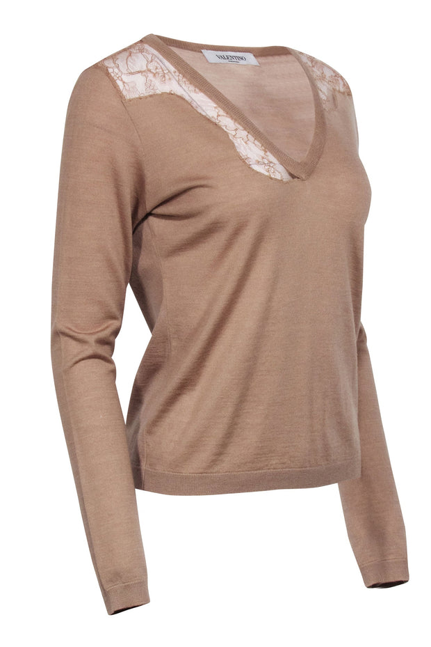 Current Boutique-Valentino - Tan Wool & Silk Blend V-Neckline Knit Top Sz L