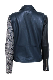 Current Boutique-Veda - Navy & Black Lamb Leather Moto Jacket w/ Snakeskin Print Sleeve Sz L