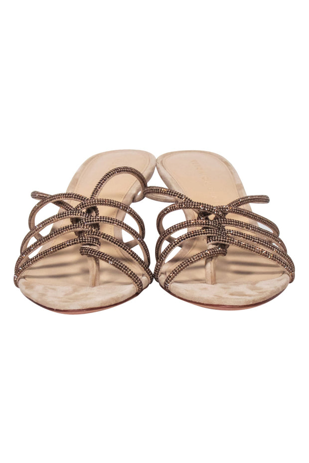 Current Boutique-Veronica Beard - Beige w/ Bronze Jewel Embellished Strap Open Toe Pumps Sz 7.5