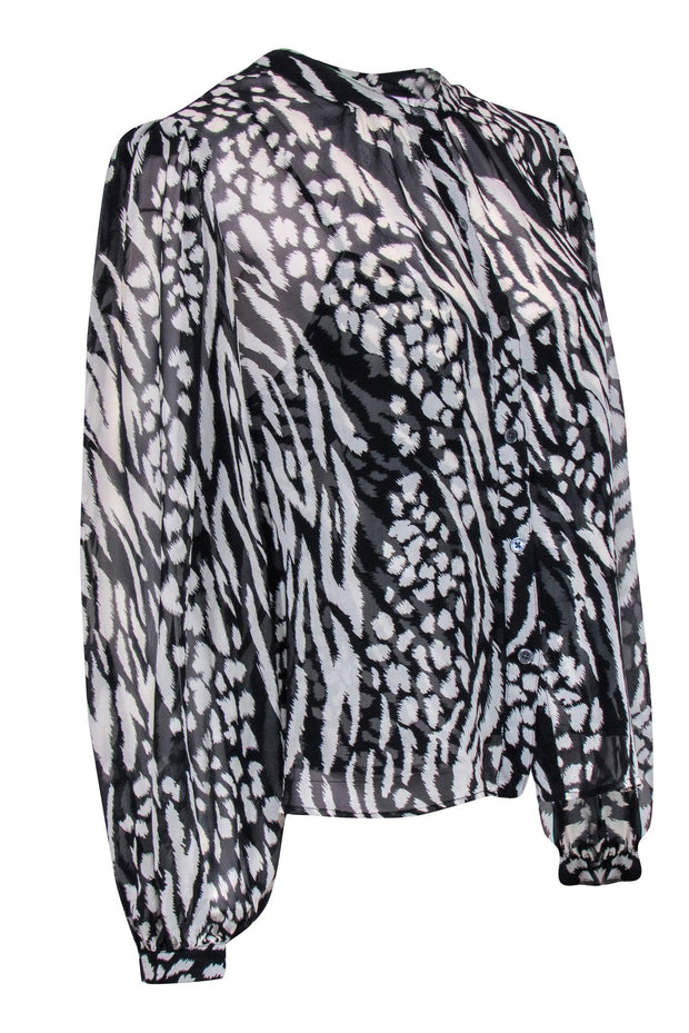 Current Boutique-Veronica Beard - Black & Cream Silk Sheer Top Sz 14