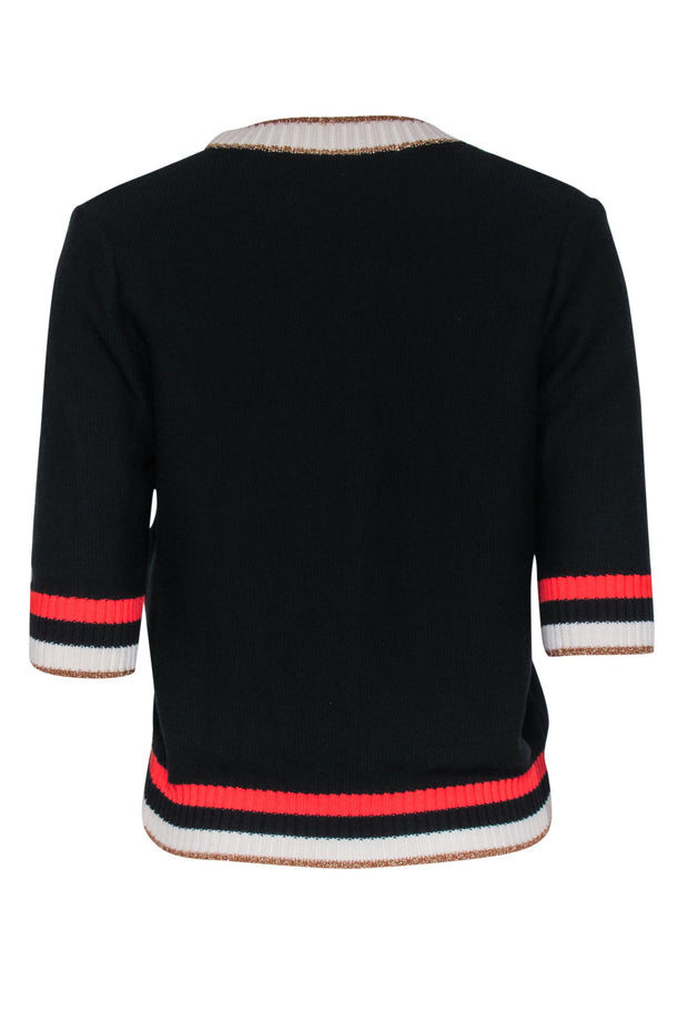Current Boutique-Veronica Beard - Black Knit V-Neck Crop Sleeve Sweater Sz S
