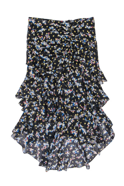 Current Boutique-Veronica Beard - Black & Multi Color Metallic Floral Print Ruffle Skirt Sz 4