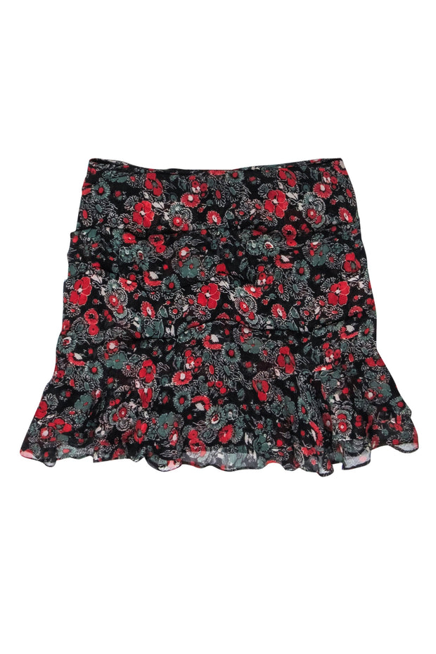Current Boutique-Veronica Beard - Black, Red & Green Floral Print Ruched Skirt w/ Ruffles Sz 6