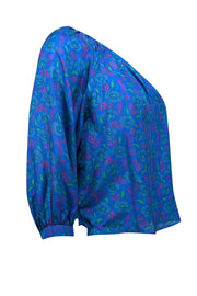 Current Boutique-Veronica Beard - Blue w/ Magenta & Green Floral Print Silk One Shoulder Top Sz 6