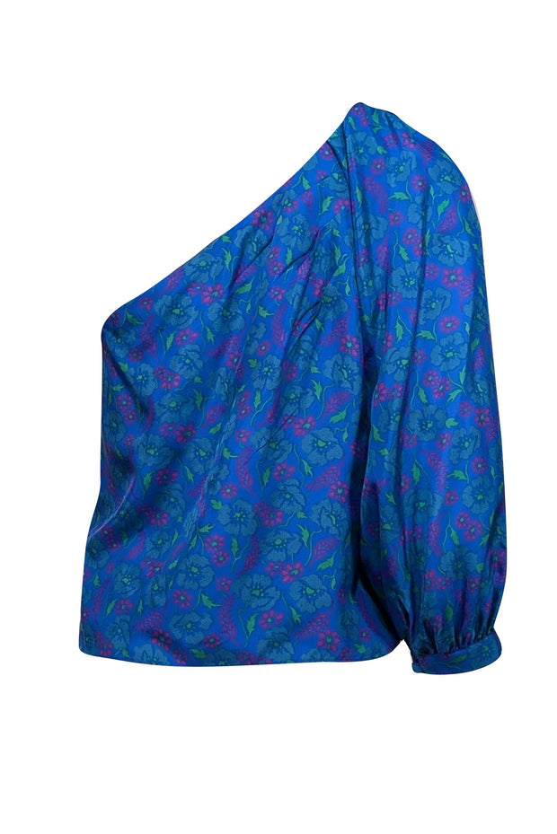 Current Boutique-Veronica Beard - Blue w/ Magenta & Green Floral Print Silk One Shoulder Top Sz 6