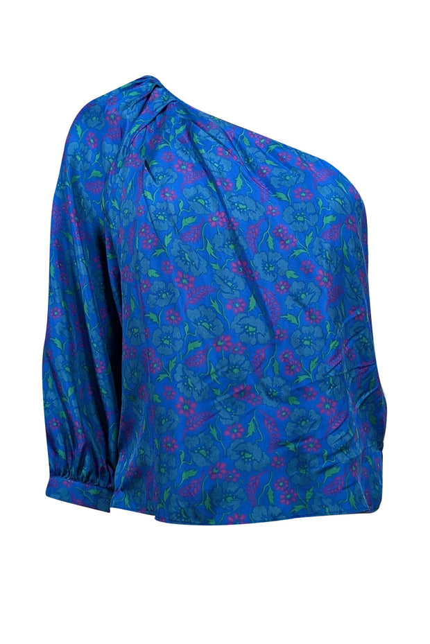 Current Boutique-Veronica Beard - Blue w/ Magenta & Green Floral Print Silk One Shoulder Top Sz 6