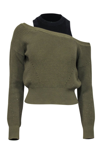 Current Boutique-Veronica Beard - Green & Black Cold Shoulder Sweater Sz XS