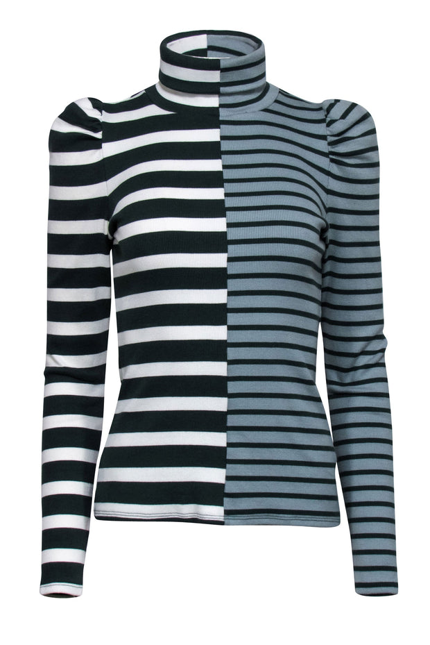 Current Boutique-Veronica Beard - Green & Ivory Colorblock Stripe Turtleneck Top Sz XS
