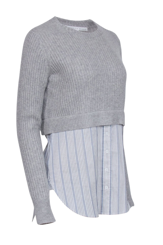 Current Boutique-Veronica Beard - Grey Cashmere "Garrett" Sweater w/ Striped Shirting Sz M