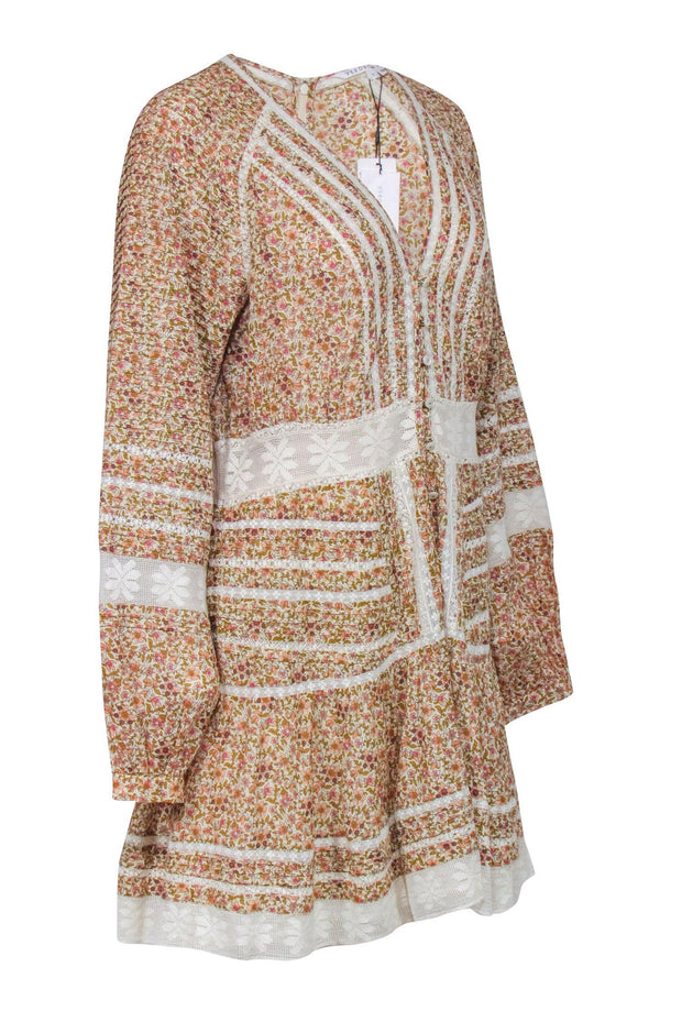 Current Boutique-Veronica Beard - Ivory w/ Pink & Green Floral Print Lace Trim Dress Sz 16