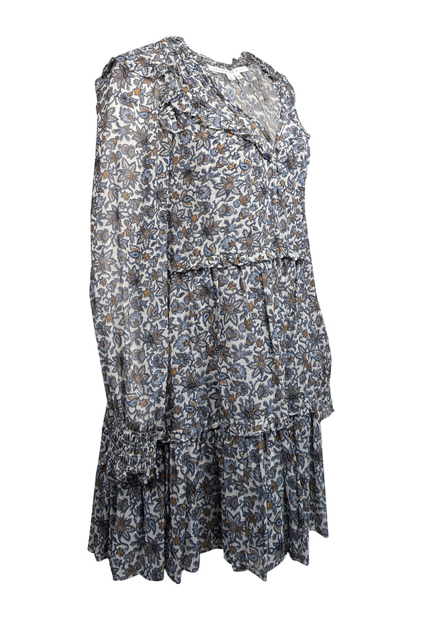 Current Boutique-Veronica Beard - Ivory w/ Slate Blue & Burnt Orange Floral Print Silk Dress Sz 6