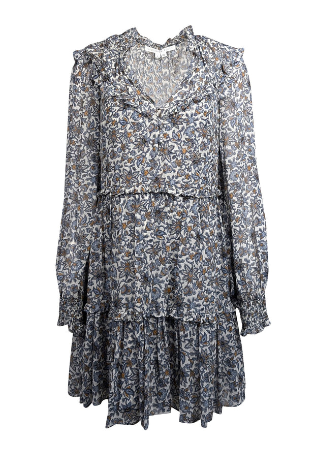 Current Boutique-Veronica Beard - Ivory w/ Slate Blue & Burnt Orange Floral Print Silk Dress Sz 6