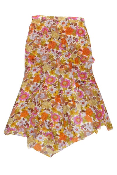 Current Boutique-Veronica Beard - Ivory w/ Yellow Multicolor Floral Print Silk Ruffled Skirt Sz 6