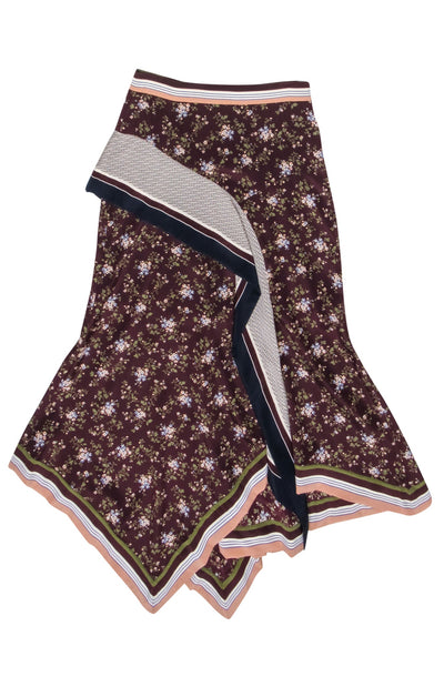 Current Boutique-Veronica Beard - Maroon Floral Print Skirt w/ Striped Asymmetrical Hem Sz 00