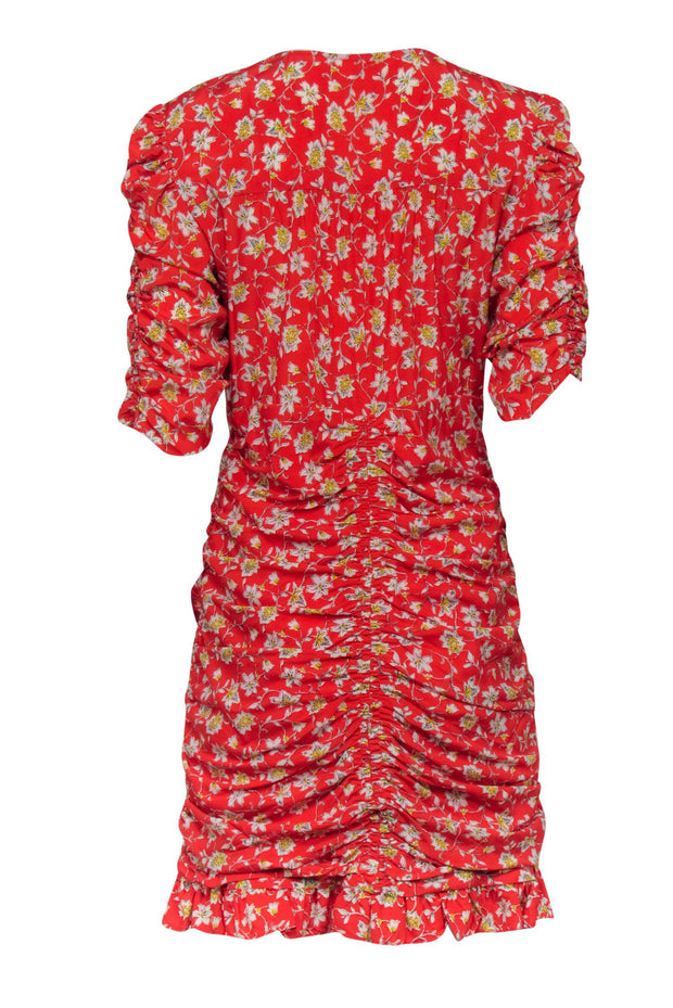 Current Boutique-Veronica Beard - Red, Ivory, & Yellow Floral Print Silk Ruched Dress Sz M