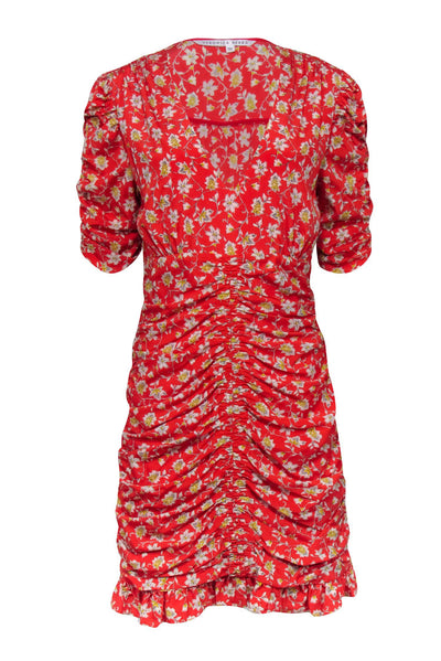 Veronica Beard - Red, Ivory, & Yellow Floral Print Silk Ruched Dress Sz M