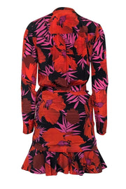 Current Boutique-Veronica Beard - Red, Pink & Black Tropical Pattern Long Sleeve Mini Dress Sz 2