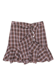 Current Boutique-Veronica Beard - Tan, Maroon, & Navy Plaid Ruffled Mini Skirt Sz 4