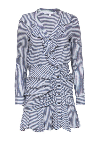 Current Boutique-Veronica Beard - White & Blue Striped Ruffled Dress w/ Swiss Dot Detailing Sz 6