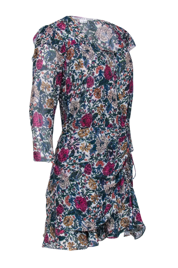Current Boutique-Veronica Beard - White w/ Green, Pink, & Blue Floral Print Ruched Bottom Dress Sz 10